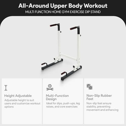 BalanceFrom Steel Frame Dip Station with Adjustable Height, 500 Pound Weight Capacity – Upper Body Workout Home Gym Equipment for Triceps, Push & Pull Ups, Leg Raises, and Bench Press - color: White