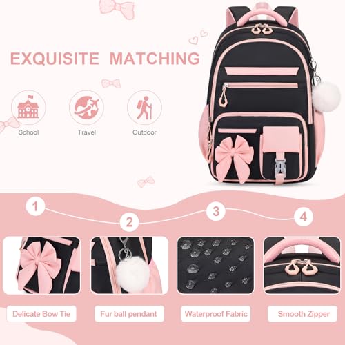 DIGOBAY Backpack for Girls, 3PCS Girls Backpack for School with Lunch Bag Pencil Case, Cute Kids Teens Bookbag for Kindergarten Elementary Preschool Middle School (Black-Pink) - color: Black-pink