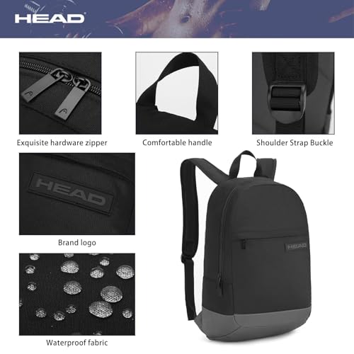 HEAD Waterproof College Backpack for Women & Men, Lightweight Casual Daypack with 15.6 Inch Laptop Compartment, Compact Basic Bag with Inside Water Bottle Pocket for Sport, Fitness, Daily Use - color: Navy
