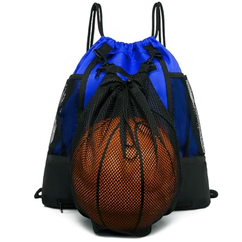 STAY GENT Drawstring Basketball Backpack for Boys, Foldable Soccer Backpack Gym Bag Sackpack Sports Sack with Detachable Ball Mesh Bag for Volleyball Baseball Yoga - color: Blue