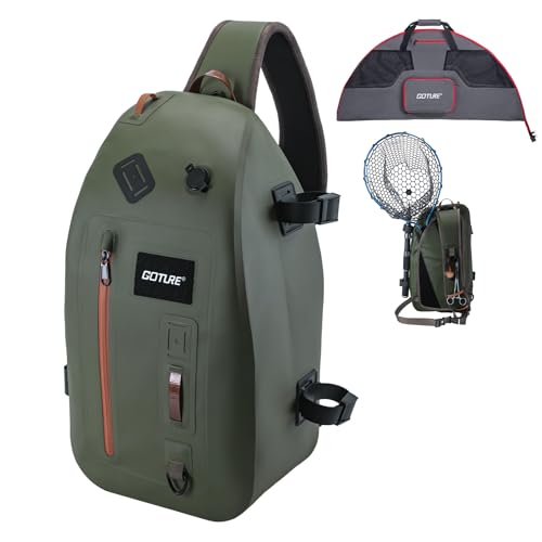 Goture Waterproof Fly Fishing Sling Pack,IPX8 840D TPU Fishing Sling Bag Gear Storage,13L Tackle Backpack with Rod Holder,Airtight Zipper,Exhaust Valve,Adjustable Strap,Wader Bag Included,Gift for Men - color: C1:13L Green Waterproof Bag & Wader Bag