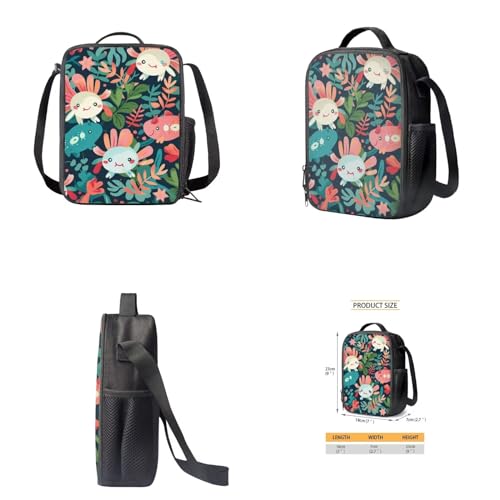 Cute Axolotl Leaves Backpack Set with Lunch Bag Pencil Case Water Bottle Holder Fashion Backpack for Kids Trendy Bookbag for Girls Elementary Middle School Student Schoolbag Set - color: Cute Axolotl Leaves