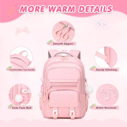 GeeWin Girls Backpack, 15.6" Laptop Backpack Schoolbag for Girls Teens Kid Children Elementary Middle School Student, Waterproof Stylish Girl Bookbag with Insulated Lunch Bag & Pencil Bag (Pink) - color: Pink Buckle