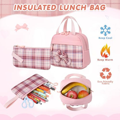 GeeWin School Backpack for Girls, Bookbags Back Pack School Bag for Teen Girl Elementary Middle School Student, Cute Stylish Plaid Girls Backpack with Matching Insulated Lunch Bag & Pencil Bag(Pink) - color: Pink
