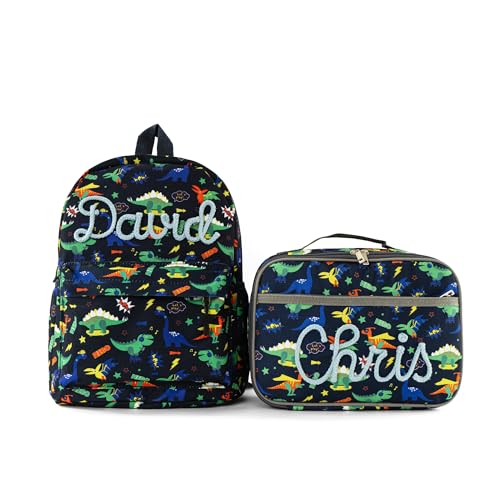 MT WORLD Dinosaur Backpack with Lunch Box Set Personalized Small Daycare Backpack Set with Name - 12" H Backpacks with Chest Buckle - Insulated Lunch Bag with Exterior & Interior Pocket - color: Dinosaur Set, size: Small