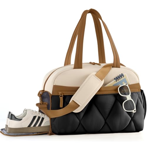 Gym Bag for Women, Puffer Travel Duffle Bag With Shoes Compartment & Wet Pocket, Carry On Tote Bag For Weekender, Overnight, Sport (Beige & Brown, Large) - color: Beige & Brown, size: Large