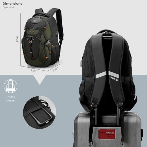 Swissdigital Design Laptop Backpack, Travel Backpack with USB Charging Port Fits 15.6 inches Computer, 31L College School Bookbag for Men,Olive/Black | SD803-26 - color: Olive/Black
