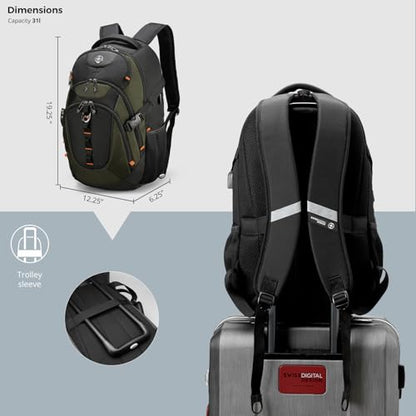 Swissdigital Design Laptop Backpack, Travel Backpack with USB Charging Port Fits 15.6 inches Computer, 31L College School Bookbag for Men,Olive/Black | SD803-26 - color: Olive/Black