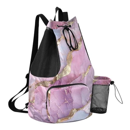 Drawstring Beach Backpack Gym Sackpack With Pockets String Backpack Bag Waterproof Marble Pink Silver - color: Color 16