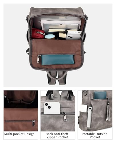 FADEON Leather Backpack Purse for Women Designer Travel Backpack Purses PU Fashion Ladies Shoulder Bag with Tassel - color: 1 Dark Grey Retro Style