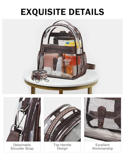 FADEON Clear Small Backpack Purse for Women, Designer Transparent Shoulder Handbag, PVC Mini Clear Bag for Stadium Approved - color: Coffee Brown Retro Style