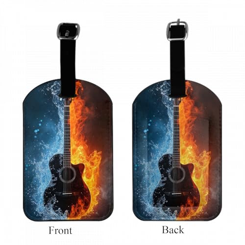 Guitar Leather Luggage Bag Case Tags Fire and Water Rock and Roll Music Modern Cool Musical Instrument Baggage Suitcase Labels Name Tags Travel Accessories for Adult Women Men, 1 Pack - color: Guitar