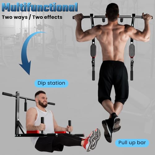 Wall Mount Pull Up Bar, Multifunctional Chin Up Bar Dip Station for Home Gym Workout, Power Tower Set Strength Training Equipment, Heavy Duty Fitness Pull Up Stand, Supports 440LBS