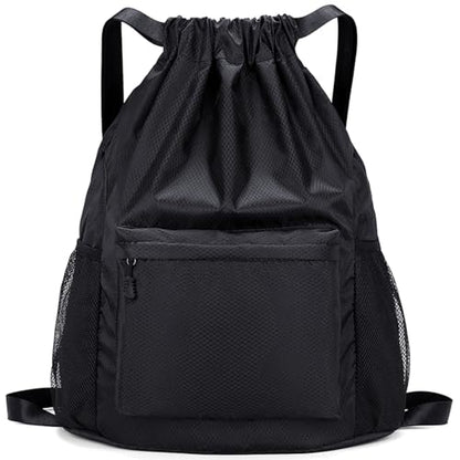 Dntorx Drawstring Backpack, Gym Bag for Women, Kids Swim Bag Black | Waterproof string backpack with water bottle pocket, lightweight washable roomy drawstring design adjustable straps - color: Black