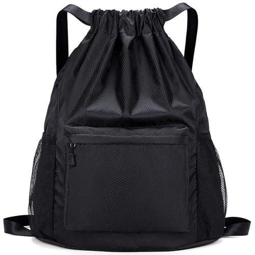 Dntorx Drawstring Backpack, Gym Bag for Women, Kids Swim Bag Black | Waterproof string backpack with water bottle pocket, lightweight washable roomy drawstring design adjustable straps - color: Black
