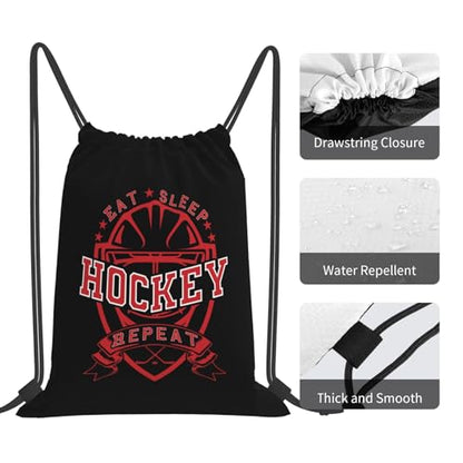 Eat Sleep Hockey Repeat Unisex Drawstring Backpack Bag Sport Gym Travel Swim Sackpack - color: Eat Sleep Hockey Repeat