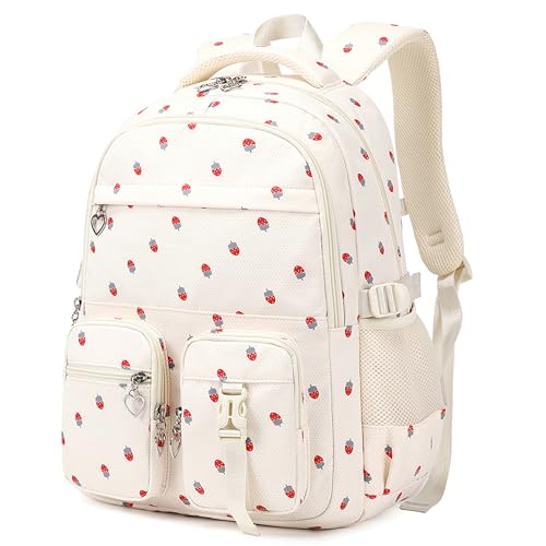 Girls Backpack Lightweight Bookbags for High School Laptop Backpack For College Women Big Student Daypack Casual (Strawberry-Beige) - color: Strawberry-beige