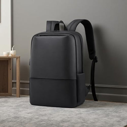 Modern Minimalist Laptop Backpack, Black, Water-Resistant, Business Travel Daypack with USB Charging Port, Slim Design-School,Office