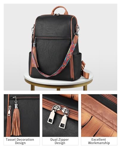 FADEON Leather Backpack Purse for Women Designer Travel Backpack Purses PU Fashion Ladies Shoulder Bag with Tassel - color: 1 Retro Black With Brown