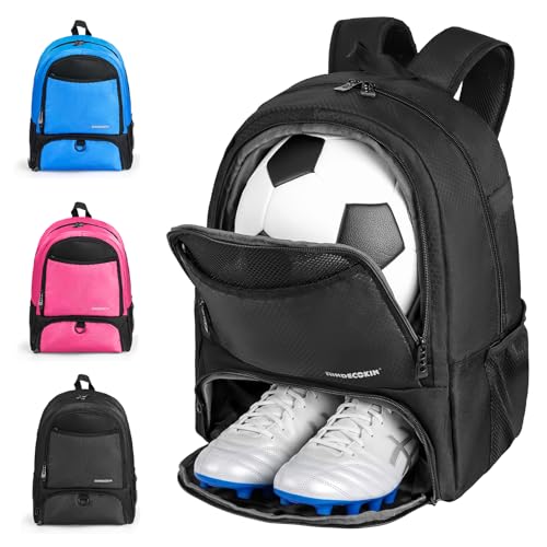 Soccer Backpack with Ball Compartment and Cleat Pocket, Water-Resistant Youth Sports Bag for Soccer Basketball Volleyball, Athletic Gear Bag for Teens & Junior Athletes - color: Black