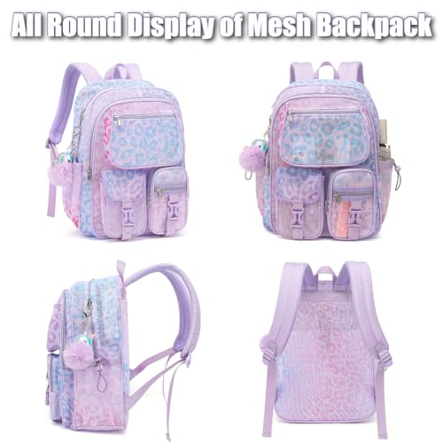 Mesh Backpack for Girls Boys, Heavy Duty Semi-Transparent Mesh Bookbag Womens Mens Mesh Backpacks for School, Sports, Beach, Swimming, Travel Purple Leopard - color: Purple Leopard