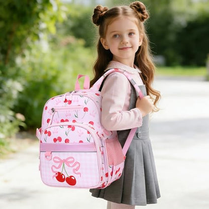 Toddler Backpack for Girls Ages 5-8, 3PCS Girls Backpack with Lunch Bag & Pencil Case - 15inch Kids School Bookbag for Preschool Kindergarten Elementary School (Cherry) - color: Cherry