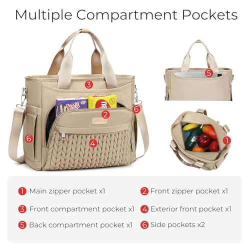 AIJIEKE Large Insulated Lunch Bag for Men Women, Leakproof Work Lunch Box | Keeps food fresh 8-12 hours. Spacious multi-pocket design with a removable strap. Water-resistant and easy-wipe interior - color: Brown Taupe