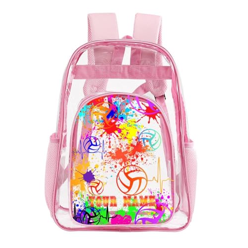 Custom Volleyball Clear Backpack Heavy Duty for Girls Kids Boys | Large Cool PVC Volleyball Theme Printing Transparent Backpacks for Schools Stadium Concerts Work - Clear/Pink - color: Volleyball Clear Backpack 1 Pink With Front Pocket Custom