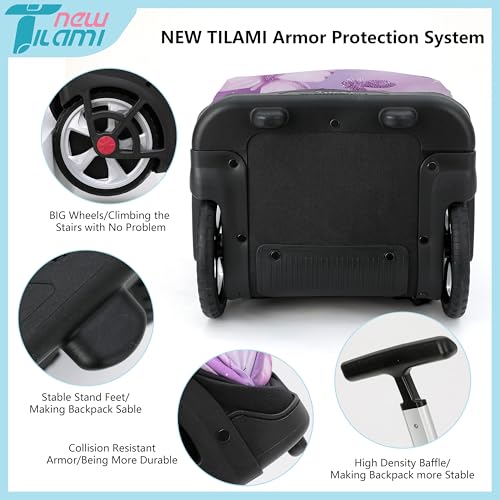 NEW TILAMI 19 inch Rolling Backpack Teens Rolling Backpack Cute Wheeled Laptop Backpack Bookbag Roller Travel Bag College, Evening Butterfly (No USB interface) - color: Purple Butterfly
