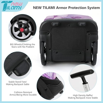 NEW TILAMI 19 inch Rolling Backpack Teens Rolling Backpack Cute Wheeled Laptop Backpack Bookbag Roller Travel Bag College, Evening Butterfly (No USB interface) - color: Purple Butterfly