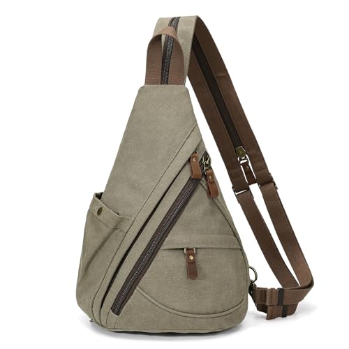 KouLi Buir Canvas Sling Bag - Small Crossbody Backpack Shoulder Casual Daypack Rucksack for Men Women - color: Olive Green