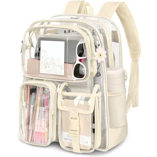 Attmu Clear Backpack for School, Heavy Duty PVC Transparent Bookbag with Reinforced Straps Stitches, Clear Bag for Stadium Events Girls Boys, Large Capacity Backpack for Security College Work - Beige - color: Beige, size: 17*12*5