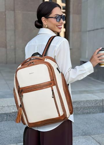 Shrrie Leather Backpack for Women, 17 Inch TSA Travel Backpack with USB Charger, 48L Expandable Large Capacity Computer Backpack Purse for Work Business Travel, Beige - color: Beige With Brown