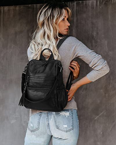 Uromee Travel Backpack Purse for Women Vegan Leather Ladies Fashion Tassel Shoulder Bag Convertible - color: 0243 Black
