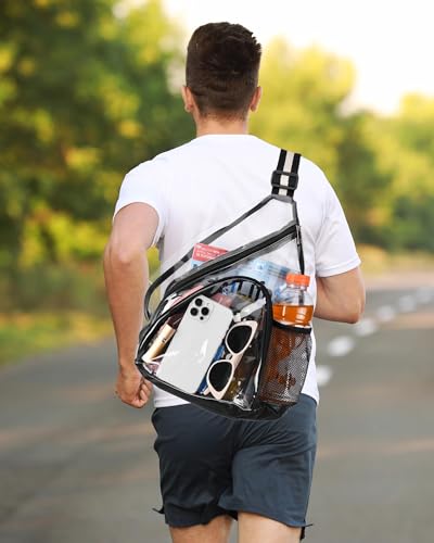 HULISEN Clear Sling Bag, Clear Bag Stadium Approved, Transparent Shoulder Crossbody Backpack Chest Casual Daypack - color: Black and White Stripe