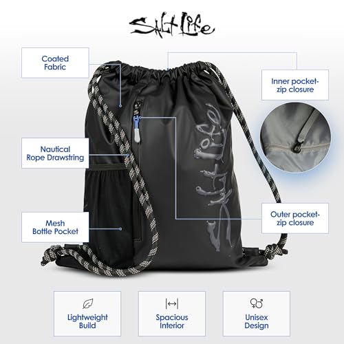 Salt Life Drawstring Backpack for Men and Women - Small Draw String Cinch Gym Bag with Water Bottle Pocket and Zipper Pocket - color: Black