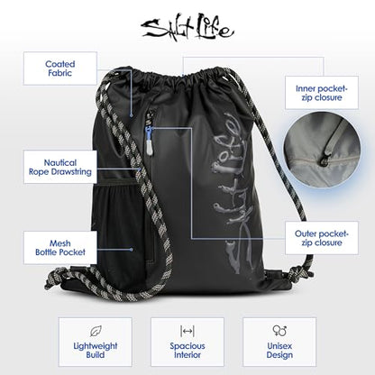 Salt Life Drawstring Backpack for Men and Women - Small Draw String Cinch Gym Bag with Water Bottle Pocket and Zipper Pocket - color: Black