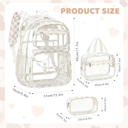 ACESAK Clear Backpack for Girls - 3 Pcs Clear Backpack Heavy Duty with Lunch Bag - See Through Bookbag Stadium Approved for Kids Middle High College School(Beige Checkerboard) - color: Beige Checkerboard