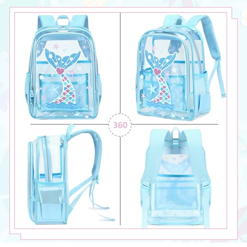 AO ALI VICTORY Clear Backpack for School,PVC Transparent Kids Bookbag for Girls Boys Cute Toddler Back Pack Kindergarten Elementary Schoolbag Stadium Approved See Through Backpacks, Blue Mermaid - color: Blue Mermaid
