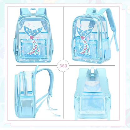 AO ALI VICTORY Clear Backpack for School,PVC Transparent Kids Bookbag for Girls Boys Cute Toddler Back Pack Kindergarten Elementary Schoolbag Stadium Approved See Through Backpacks, Blue Mermaid - color: Blue Mermaid