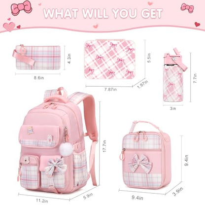ACESAK 5PCS Backpack for Girls with Bento Box & 14oz Insulated Water Bottle - Cute School Girls Backpacks for Elementary Preschool Middle with Lunch Bag & Pencial Case, Back To School Gift (Pink) - color: Pink