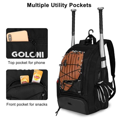 Goloni 40L Baseball Bag, Softball Bat Bag with Shoes Compartment,Fence Hook,Backpack for Baseball, T-Ball & Softball Equipment & Gear - color: Black