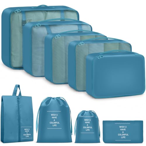 9 Set Packing Cubes for Travel Essentials - Lightweight Carry-On Luggage Organizer Bags with Shoe, Clothes & Laundry Bags for Airplane, Family & Business Travel, Lake blue - color: Lake blue