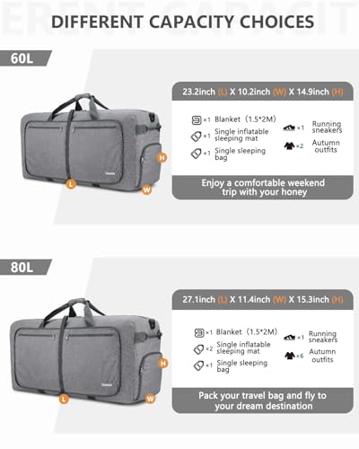 Gonex Large Foldable Travel Duffle Bag with Shoes Compartment, Packable Lightweight Water Repellent Duffel Bag for Camping Gym Weekender Bag - color: Light Grey, size: 60L