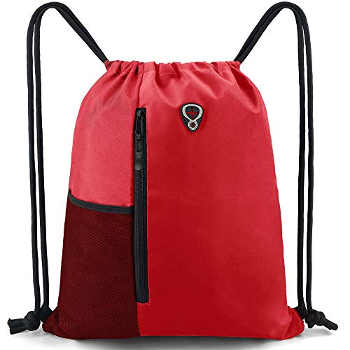 BeeGreen Red Lightweight Drawstring Backpack For Women W Water Bottle Pocket &Front Zippered Pocket Large Sports String Sackpack For Traveling Yoga Beach Outdoor Gym - color: Red, style: Drawstring With Mesh Pocket