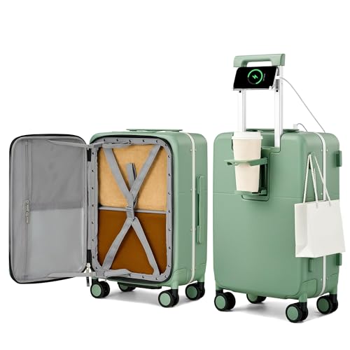 Hanke 20 Inch Top Opening Carry On Luggage with Cup Holder, Hard Shell Suitcase with Spinner Wheels, USB Ports, TSA Lock Aluminum Frame, Dry Wet Separation & Removable Divider, Forest Green - color: Forest Green, size: 20 Inch Pro