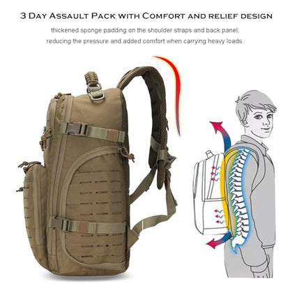 35L Tactical Backpack for Men Heavy Duty Military Backpack 3 Day Assault Pack Molle Backpack Hiking Rucksack (Tan) - color: Tan