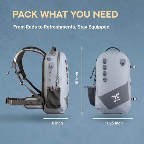 Xelfly - Waterproof Fishing Backpack with Rod Holder, Inflatable Air Valve, Padded Waist Straps & Gear Loops - Submersible Zipper, Rugged Top Handle, Adjustable Attachments (Gray) - color: Gray, size: Fishing Backpack
