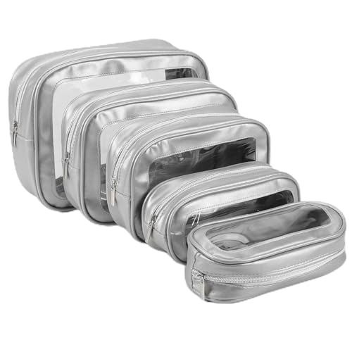 YOPCDJ 5PCS Diaper Bag Organizer Pouch Set, TSA Approved Toiletry Bag，Clear Waterproof TPU Makeup Bag Set Travel Organizer Bags for Women and Kids,Mothers Day Gifts - color: Silver, size: 5 pieces