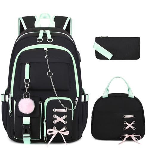 Backpacks for Girls, Girls Backpack with Lunch Box and Pencil Case for Teen Kid Elementary Middle High School College Student, Children Backpack Bookbag with USB Charging Port (Black Green with Chain) - color: Black & Green With Chain